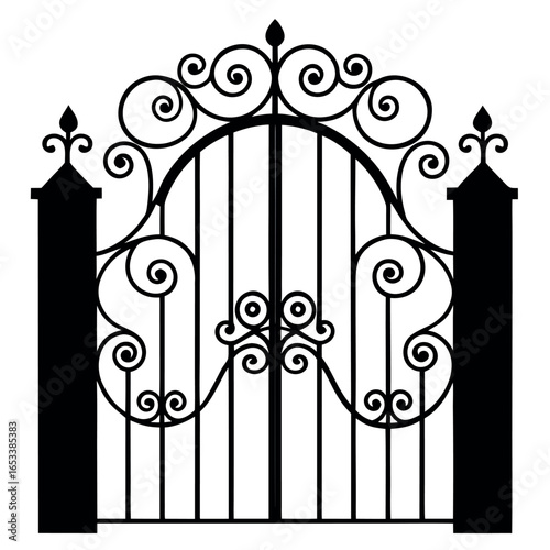 Ornate black wrought iron gate with decorative scrolls on white background vector