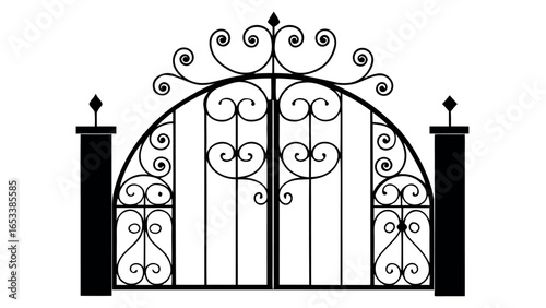 Black wrought iron gate with ornate scrollwork and pillars vector