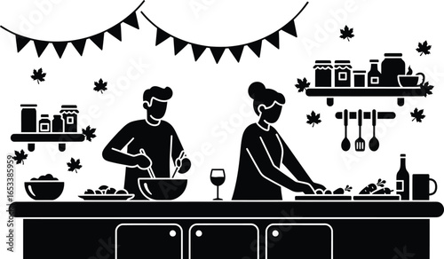 Vector art of couple cooking together in a kitchen preparing a meal