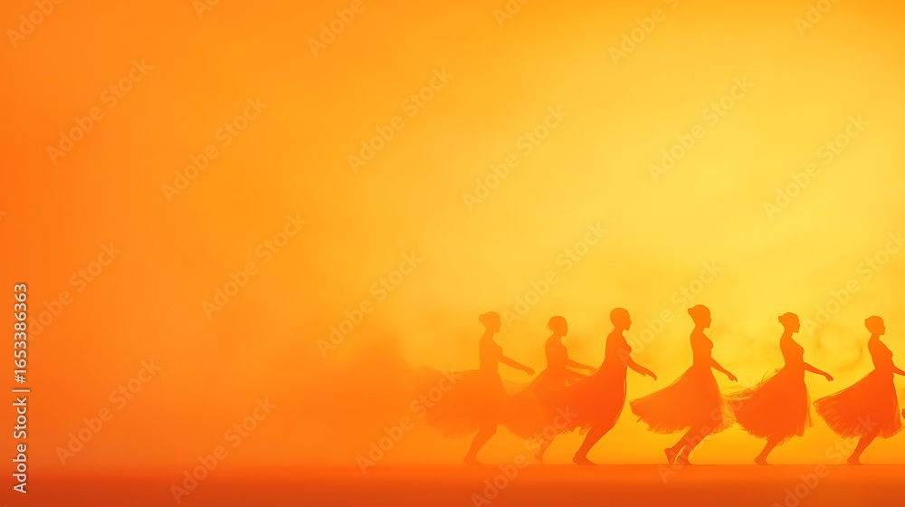 Fototapeta premium Silhouettes of dancers performing against a vibrant orange backdrop