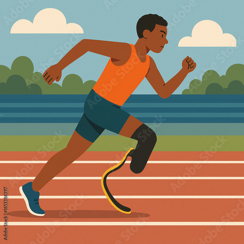 Flat illustration of athlete with prosthetic leg sprinting