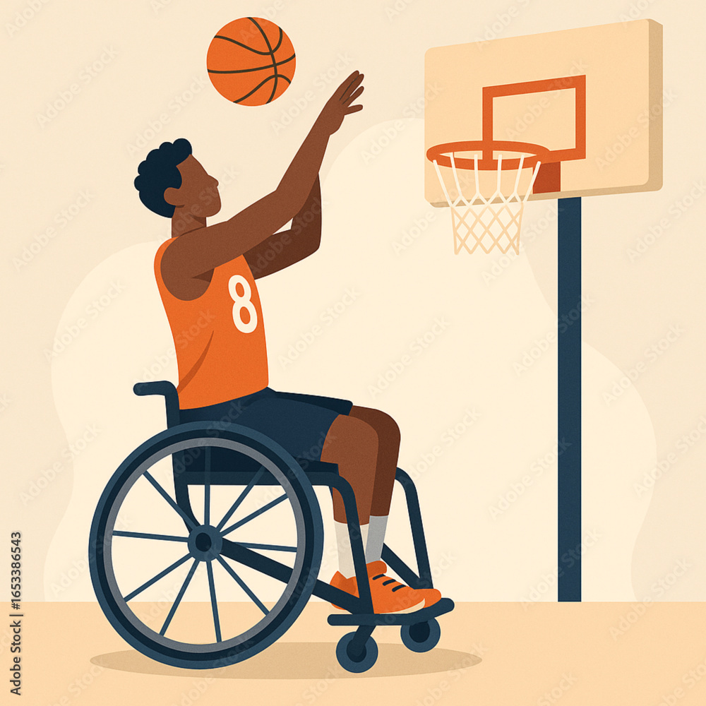 Fototapeta premium Flat illustration of wheelchair basketball player shooting