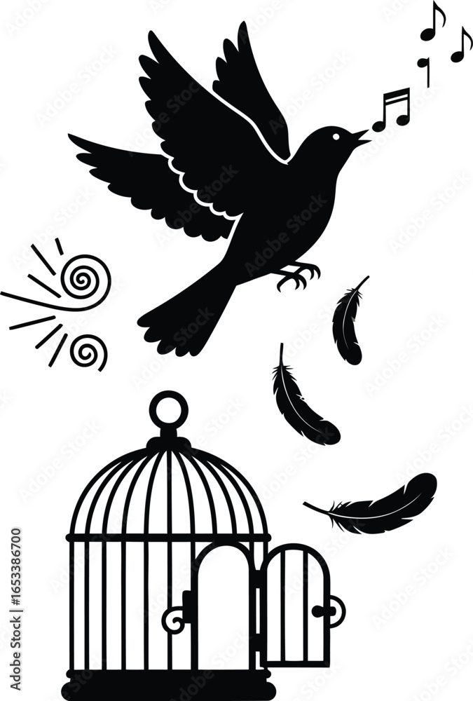 Obraz premium Vector art of black bird escaping from an open cage isolated on white background