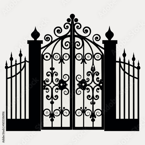 Ornate black wrought iron gate with decorative scrollwork and finials black gate ornate gate