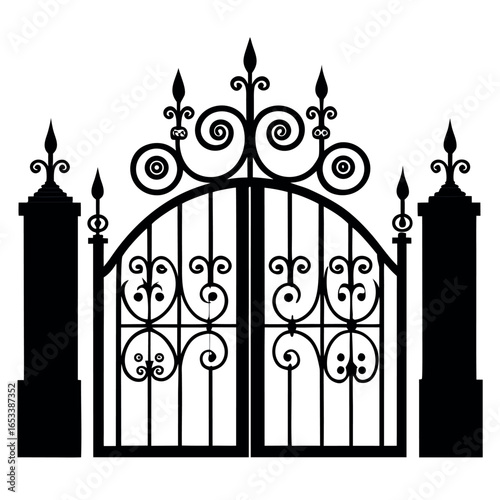 Black Ornate Wrought Iron Gate with Pillars Silhouette vector
