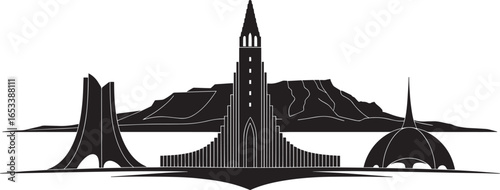 Striking Silhouette of Architectural Structures Against a Mountainous Backdrop on Transparent