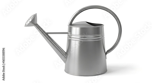 Classic silver metal watering can for gardening isolated on a clean white background.