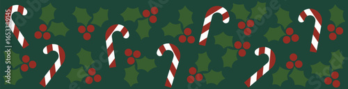 Seamless Christmas Banner with Candy Canes and Holly Berries on Dark Green Background