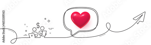 Budget accounting line icon. Continuous line with share plane. Money investment sign. Stock shares traders symbol. 3d heart in speech bubble. Budget accounting single line ribbon. Vector