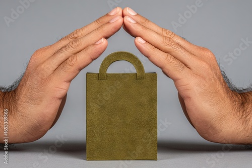 Hands of a man gently protecting a small green shopping bag, symbolizing care and security, with a neutral gray background enhancing the focus on the subject