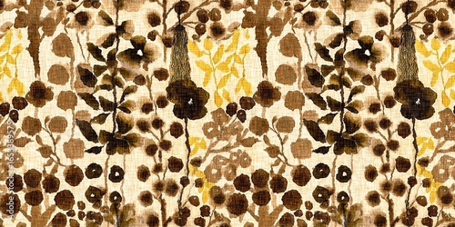 Stylised autumn winter brown floral watercolor seamless border pattern. Rustic cottage style mottled banner trim blur effect fabric texture design. For fall botanical wash tape