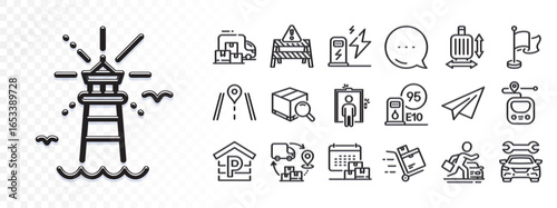 Baggage size, Petrol station and Car rental line icons for web app. Glare of light effect. Message icon. Pack of Elevator, Delivery calendar, Lighthouse pictogram icons. Vector