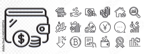 Coins, Donation money and Decreasing graph line icons for web app. Glare of light effect. Message icon. Pack of Cashback card, Bitcoin, Salary pictogram icons. Vector
