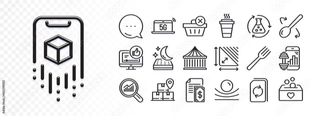 Fototapeta premium Update document, 5g notebook and Like video line icons for web app. Glare of light effect. Message icon. Pack of Elastic material, Payment, Augmented reality pictogram icons. Vector