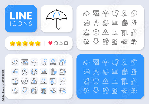 Sun protection, Washing machine and Survey checklist line icons for web app. Message, Share, Like social media icons. Pack of Certificate, Robbery, Vitamin d pictogram icons. Vector