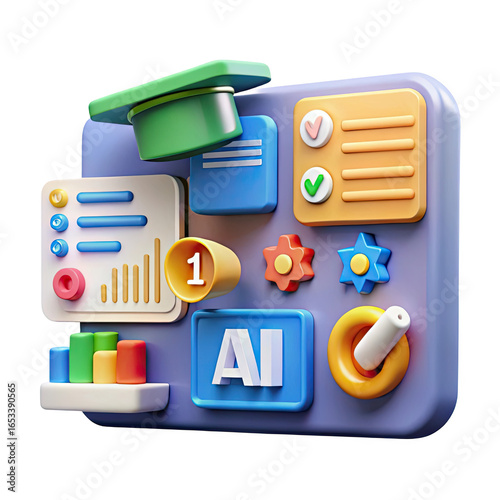 3d render of educational technology icons and symbols isolated on transparent background