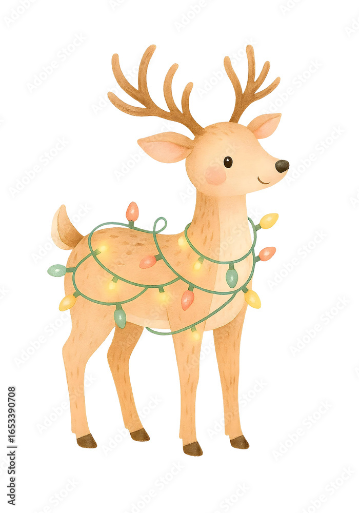 Obraz premium Cute Christmas Reindeer Watercolor Clipart – Holiday Elk with Fairy Lights Illustration, Winter Decor