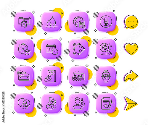 Work home, No microphone and Vip timer line icons. App 3d buttons. Social media comment, share, like icons. Pack of Fitness, Medical analytics, 24h service icon. Vector