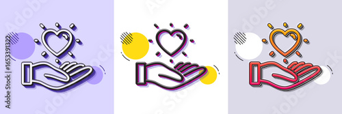 Hold heart line icon. Halftone dotted pattern. Gradient icon with grain shadow. Friends love sign. Brand ambassador hand symbol. Line hold heart icon. Various designs. Vector