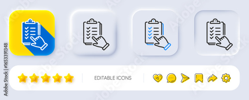 Checklist line icon. Neumorphic, Flat shadow, 3d buttons. Clipboard document sign. Questioning survey symbol. Line checklist icon. Social media icons. Vector