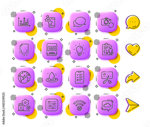 Survey results, Best app and Inspect line icons. App 3d buttons. Social media comment, share, like icons. Pack of Charging station, 5g wifi, Fuel energy icon. Vector