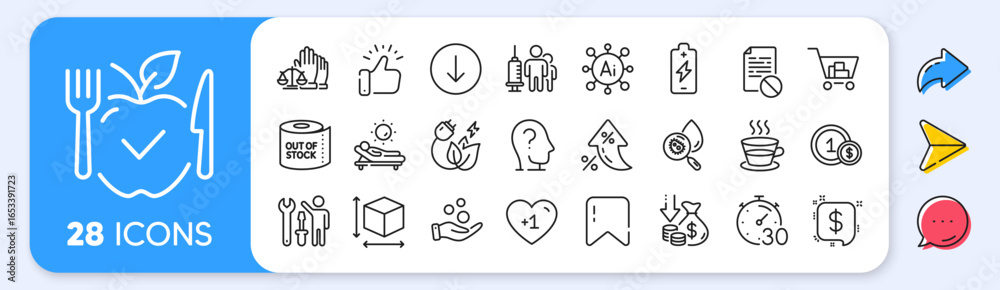 Obraz premium Internet shopping, Usd coins and Box size line icons. Interest rate, AI generate, Inflation icons. Pack of Coffee cup, Battery charging, Payment message icon. Vector
