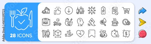 Internet shopping, Usd coins and Box size line icons. Interest rate, AI generate, Inflation icons. Pack of Coffee cup, Battery charging, Payment message icon. Vector