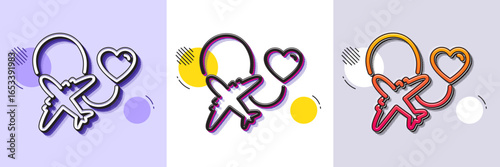 Honeymoon travel line icon. Halftone dotted pattern. Gradient icon with grain shadow. Love trip sign. Valentines day flight symbol. Line honeymoon travel icon. Various designs. Vector