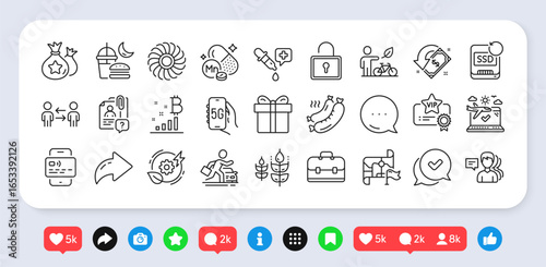 Teamwork business, Recovery ssd and Gluten free line icons pack. Social media: share, comment, like icons. Search employee, Card, Loyalty points web icon. Vector