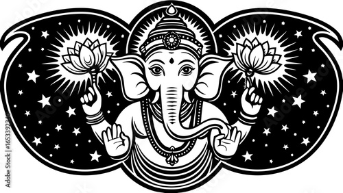 Ganesha Silhouette Vector - Hindu God Lotus Hands Religious Artwork