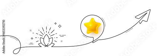 Lotus line icon. Continuous line with share plane. Yoga meditation flower sign. Mind relax and peace symbol. 3d star in speech bubble. Lotus single line ribbon. Loop curve pattern. Vector
