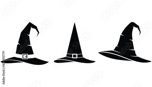 witch hat, black silhouette, vector illustration, minimalist, high contrast, halloween, spooky, mystical, magical, halloween decor, dark mood, eerie, haunting