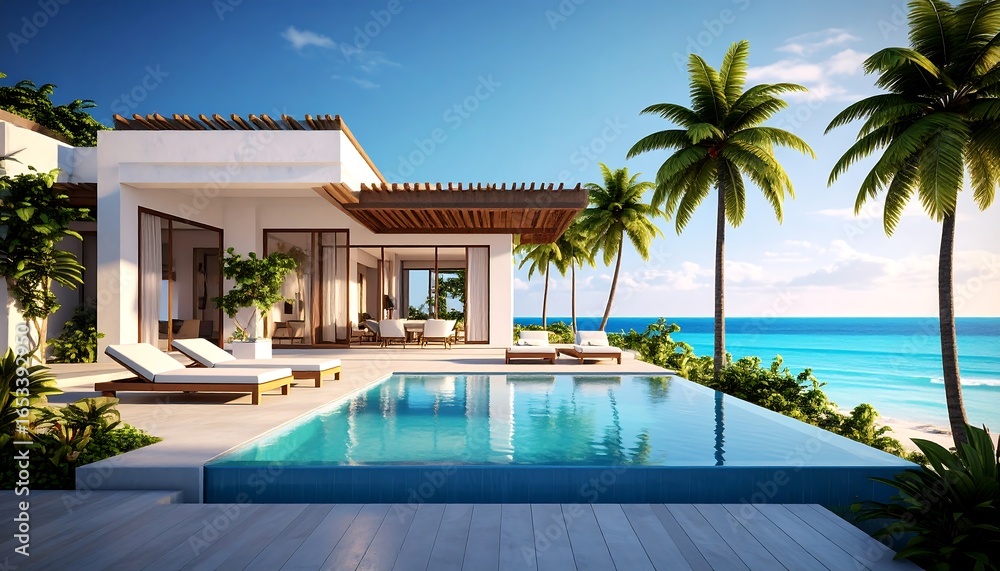 Fototapeta premium Tropical beachfront villa with infinity pool