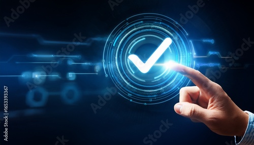Obraz na płótnie finger pressing glowing checkmark digital approval successful completion technology business concept