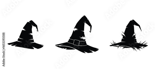 witch hat, spooky, silhouette, halloween, black and white, creepy, gothic, mystical, ominous, supernatural, dark magic, eerie, occult, mystique, foreboding, shadowy