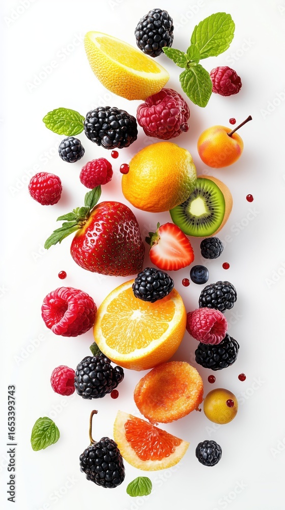 Obraz premium Flying Assorted Fresh Fruits with Mint on White Background