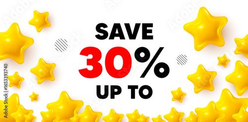 Discount winner banner with 3d stars. Golden stars banner. Save up to 30 percent tag. Discount Sale offer price sign. Special offer symbol. Review rate background. Vector