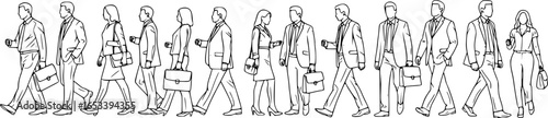 Vector silhouettes of men and women, group of walking business people, profile, hand draw, linear sketch, black and white color, isolated on white background