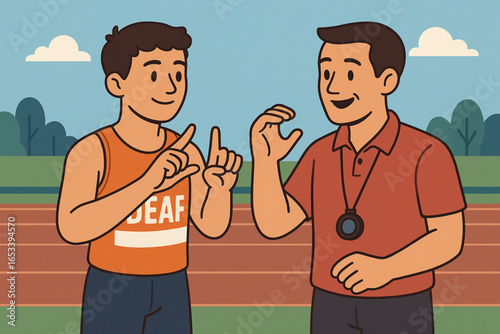 Flat illustration of deaf athlete using sign language with coach