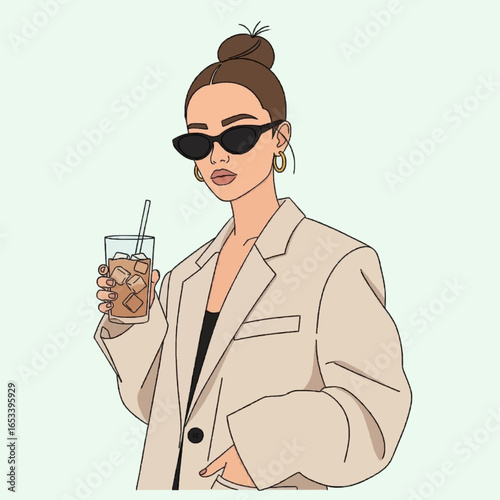 Minimalist vector illustration of a stylish woman in a blazer and sunglasses holding a glass of iced coffee. Modern fashionable female portrait with hair bun.