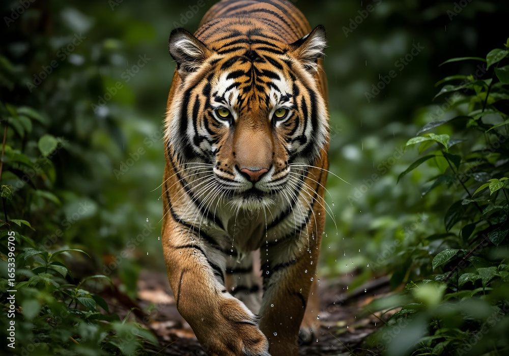 Fototapeta premium Bengal Tiger Walking in Rainforest Rain