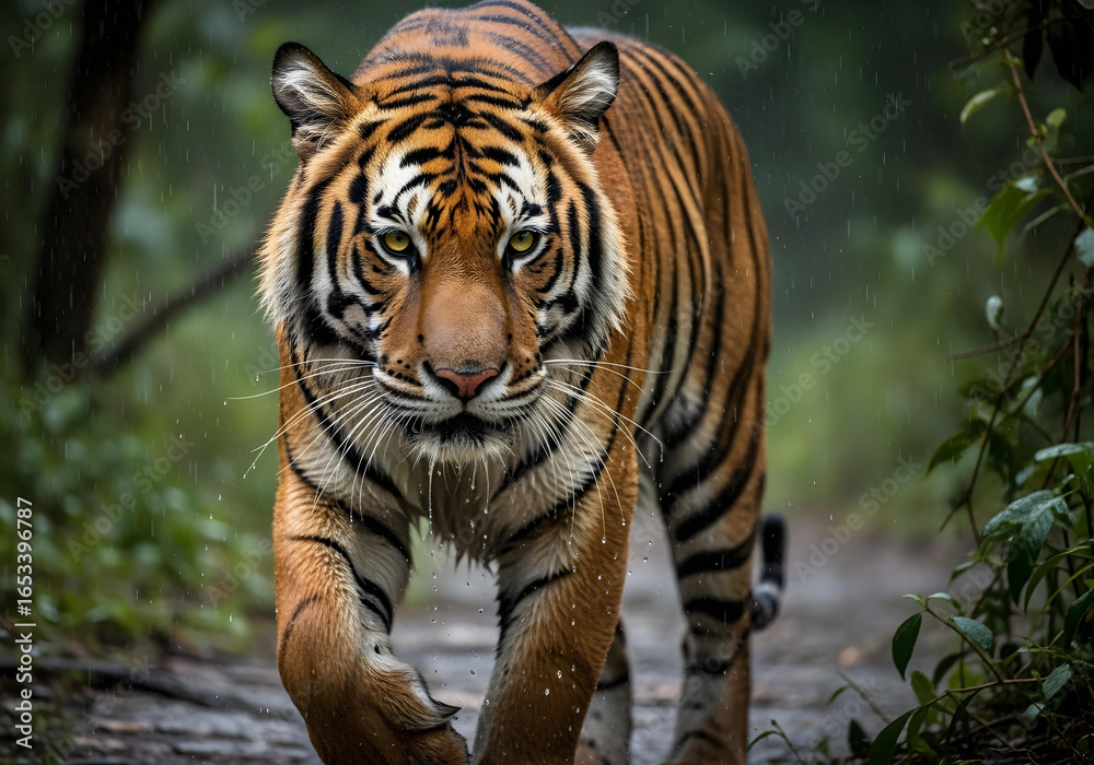 Obraz premium Bengal Tiger Walking in Rainforest Rain