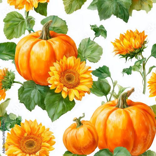 Pumpkins and Sunflowers Seamless Pattern. Autumn Watercolor Design