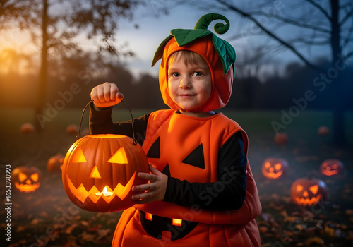 Kid in Pumpkin Costume with Lantern – Halloween