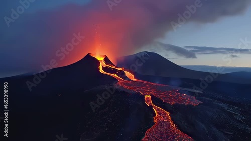 Klyuchevskaya sopka volcano erupting at sunset with lava flowing
