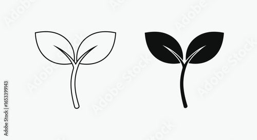 Leaf Icon - Simple Line Art & Solid Black Design