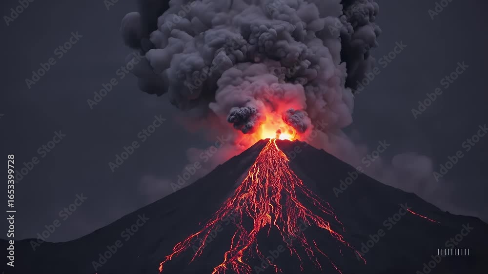 Fuego volcano erupting at night with lava and ash cloud