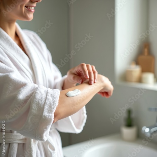 Young Asian woman in white robe applies moisturizer to her arm after shower. She uses hand cream for body care routine in home bathroom. Soft skin, healthy glow, morning pampering.