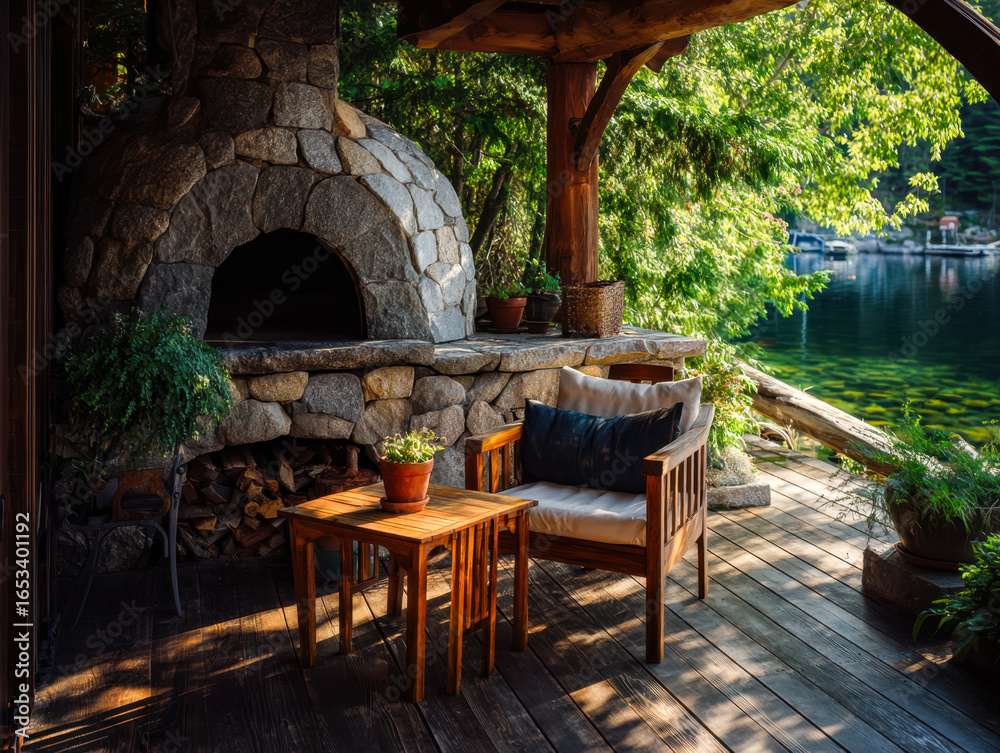 Obraz premium Cozy lakeside patio with stone fireplace and scenic water view