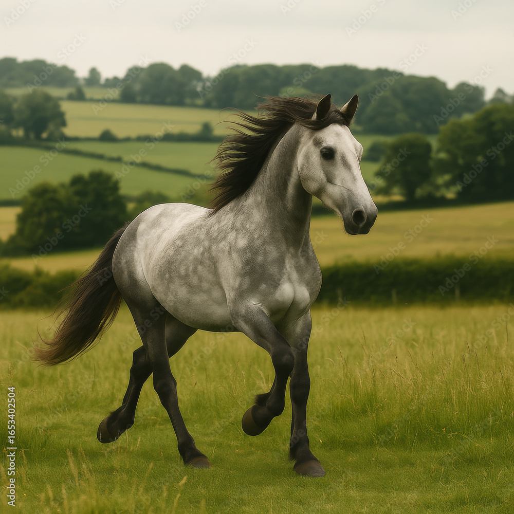 Fototapeta premium AI-generated image of a sleek dapple gray Thoroughbred grazes peacefully in a lush green pasture under a soft afternoon sky.